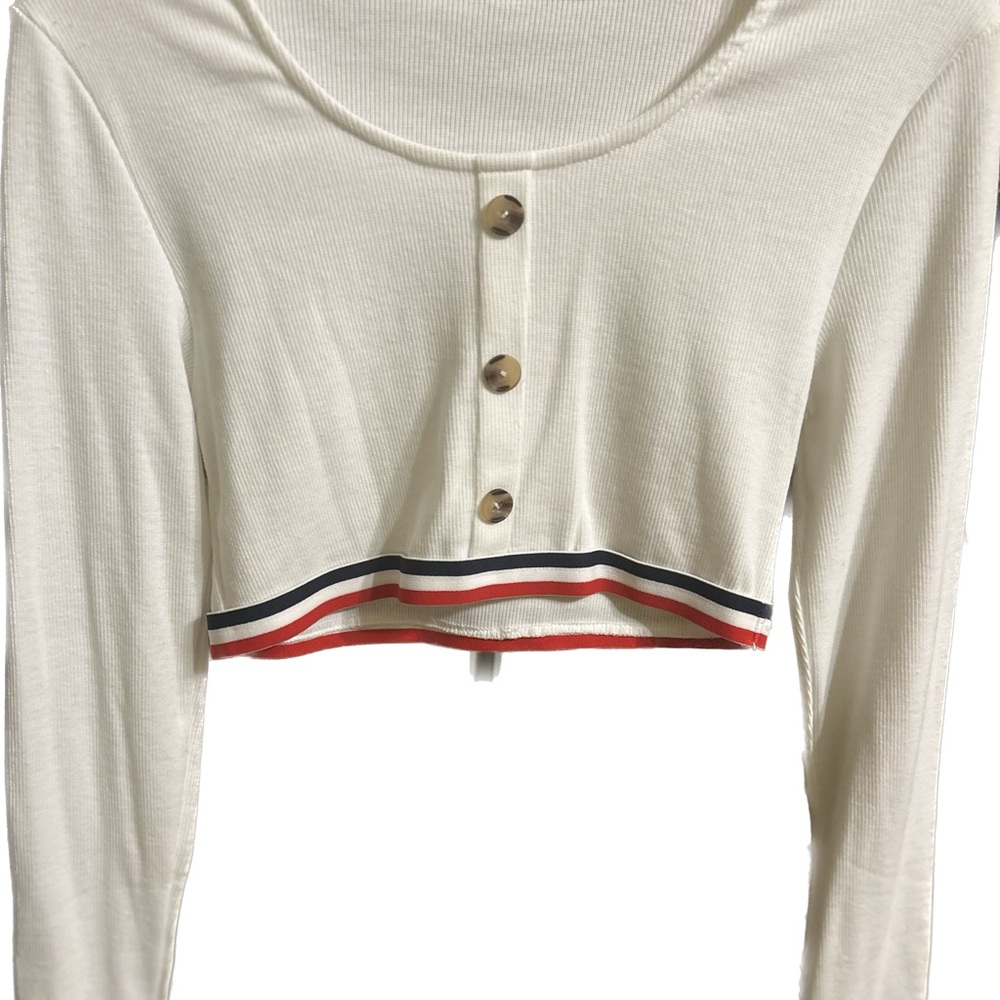 White Cropped Long Sleeve Top with Button Detail